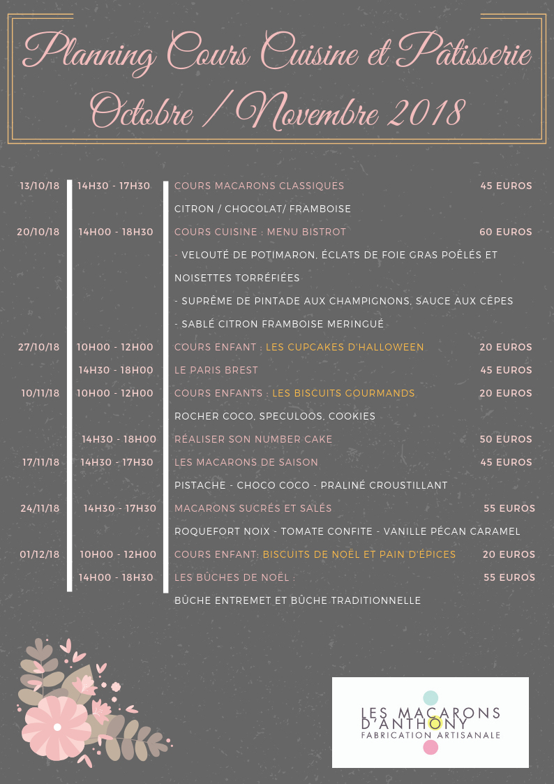 Planning Cours Cuisine et Pâtisserie octobre novembre 2018