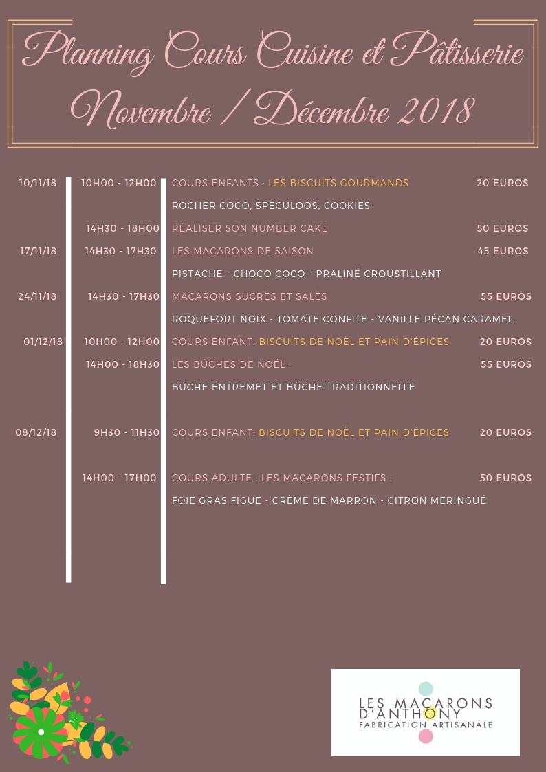 Planning Cours Cuisine et Pâtisserie