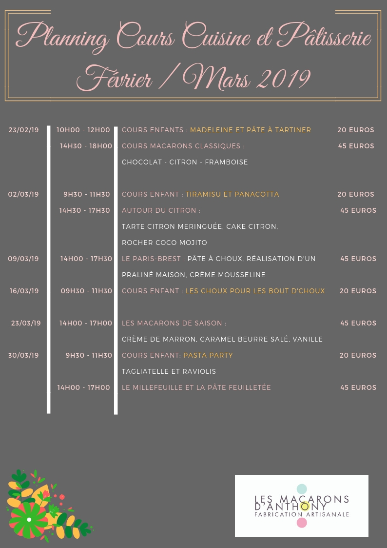 Planning Cours Cuisine et Pâtisserie février mars 2019 jpeg