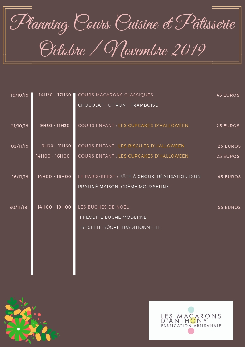 Planning Cours Cuisine et Pâtisserie oct novembre 2019
